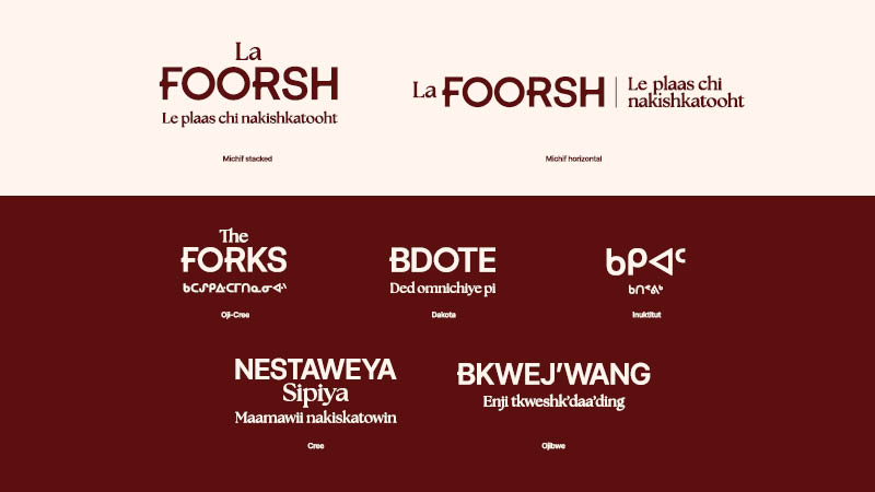 Graphic showcasing The Forks logo in different languages.